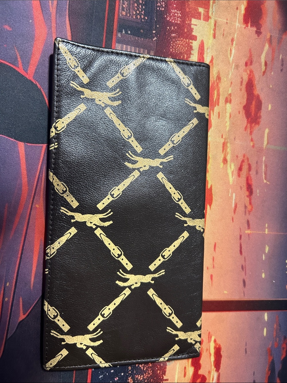Longchamp Black Wallet with Gold Chain Print